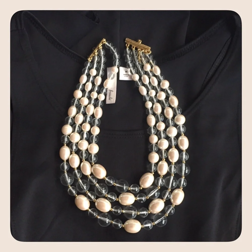 4 Strands Faux Creme Pearl & Clear Beads Goldtone Wedding Cocktail Necklace